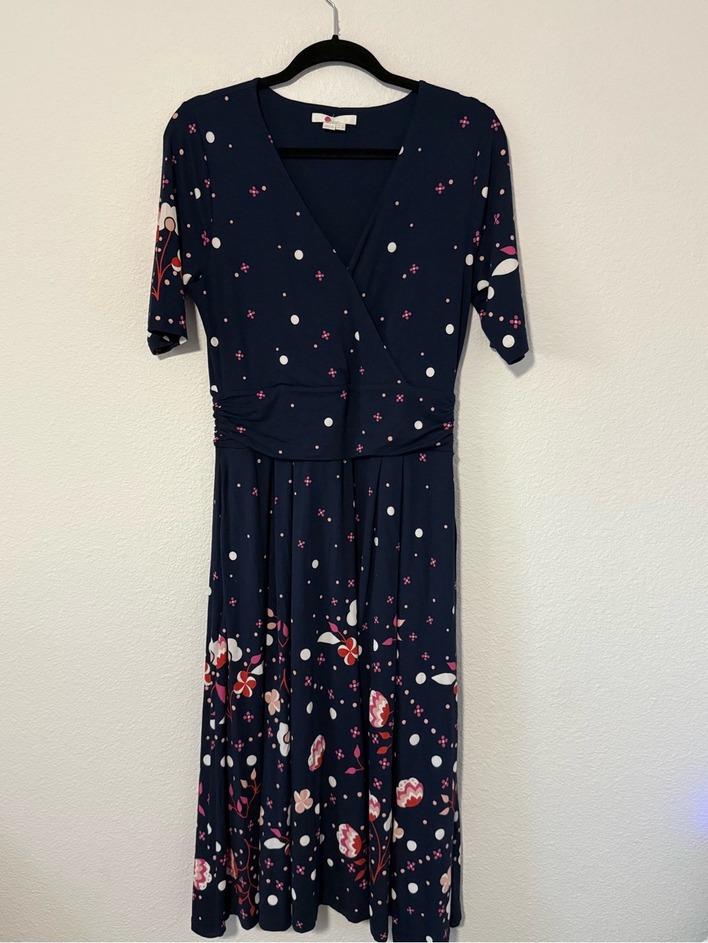 Boden Navy Floral & Polka Dot Wrap-Style Midi Dress
